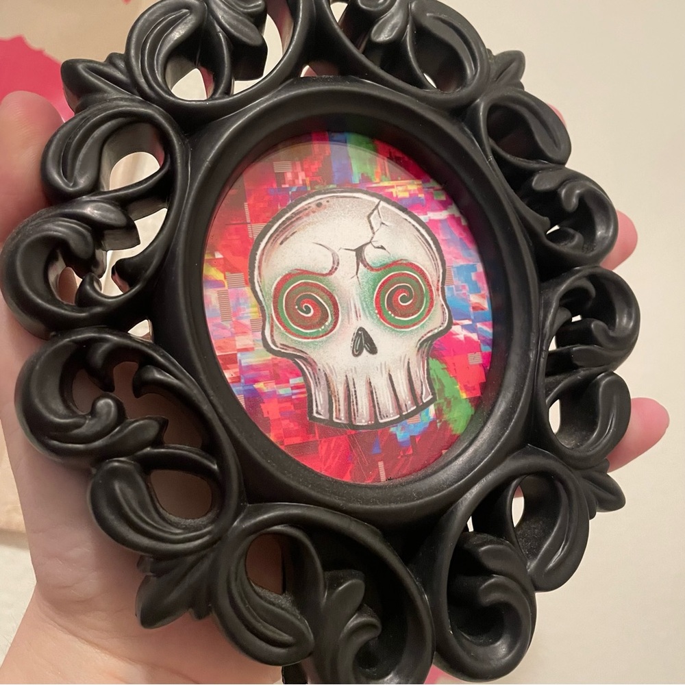 Framed Mini Print Skull glitchy cyberpunk art Vintage Style Black Plastic Frame